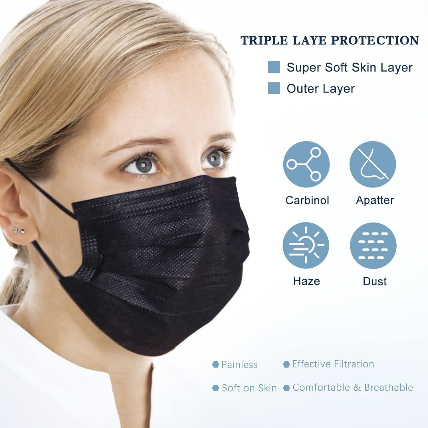 100Pcs 3 Ply Black Disposable Face Masks Filter Protection Face Masks
