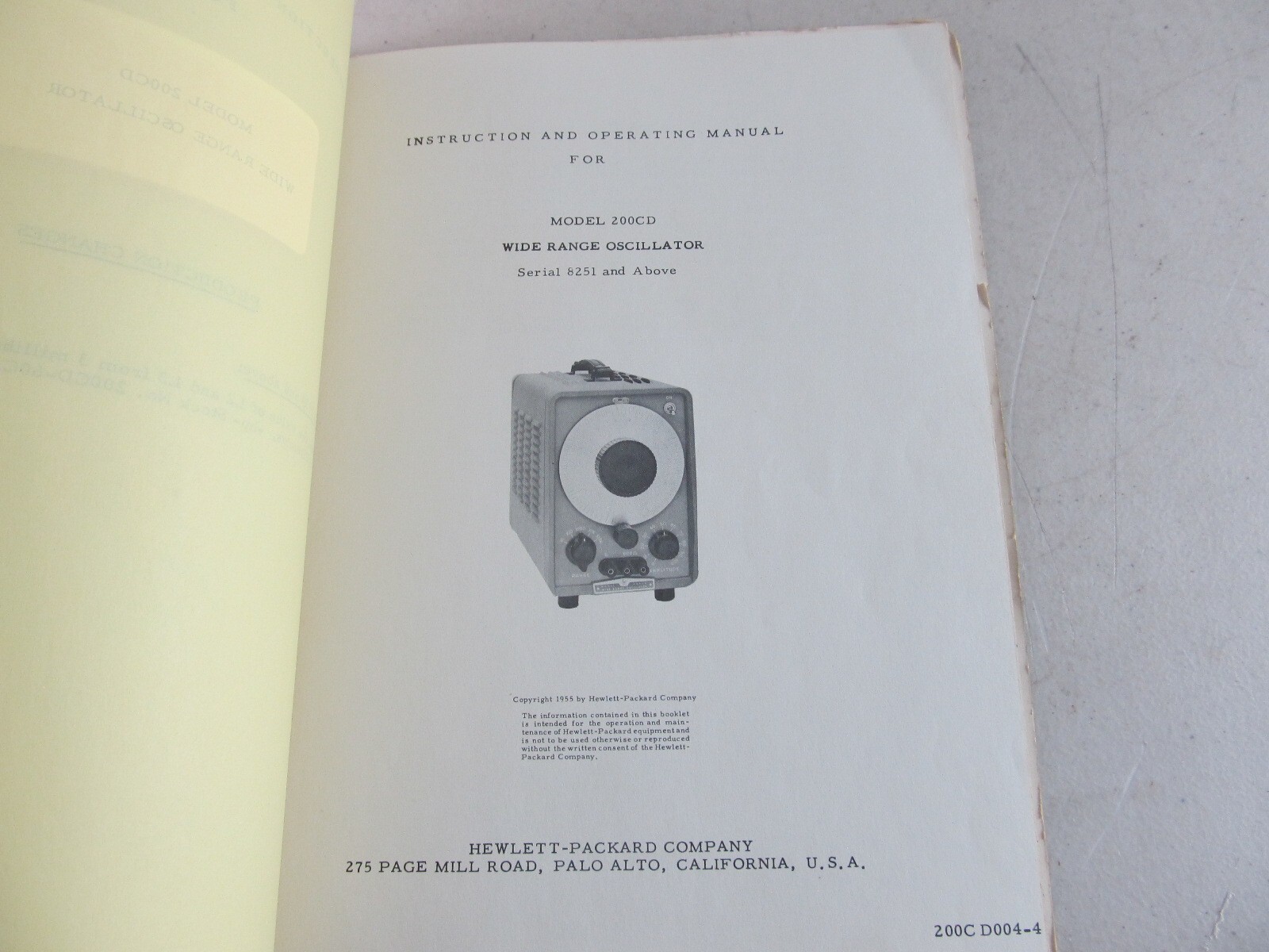 HP 200CD Wide Range Oscillator Operating & Service Manual SN 8251 and Above