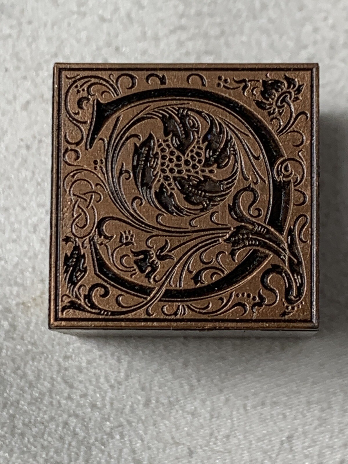C Antique Ornate Floral Capital Letter “C” Printing Block Copper on Metal