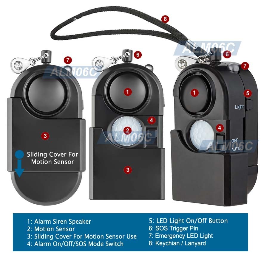 All-In-1 Mini Motion Sensor Alarm 120dB Siren SOS Alert Emergency LED Flashlight
