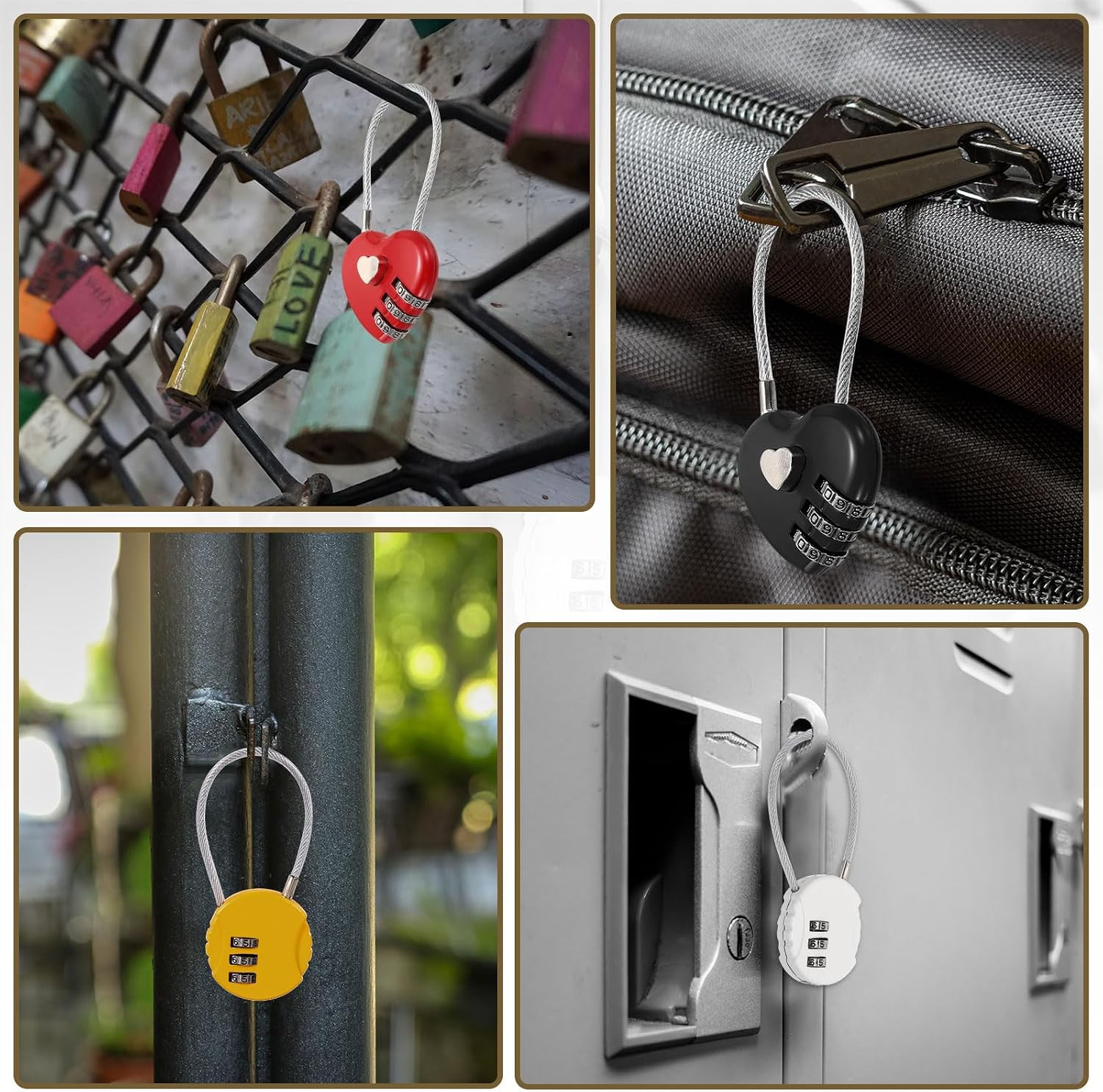 2-Pack Combo Padlock Heart 3-Digit Password, Red | Zinc Alloy Cable