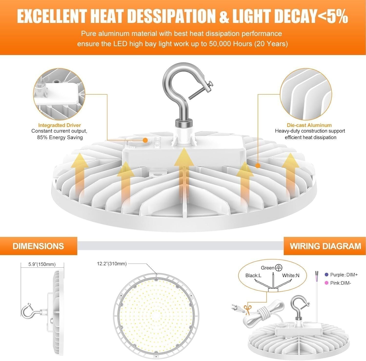 LED UFO High Bay BI Light 240W 200W 150W CCT 4500K to 5700K 100~277V Shop Light
