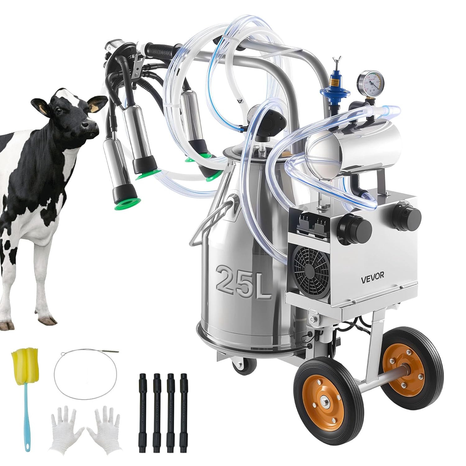 Electric Cow Milking Machine, 6.6 Gal / 25 L 304 Stainless Steel Bucket, Food-Gr