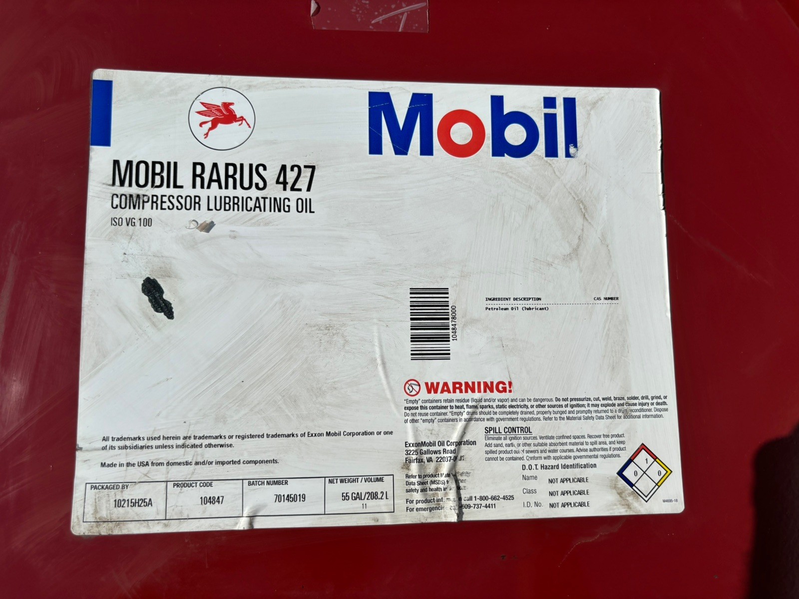 Qty =(1) 55 Gallon Barrel Mobil Rarus 427 ISO VG100 Compressor Lubricant Oil