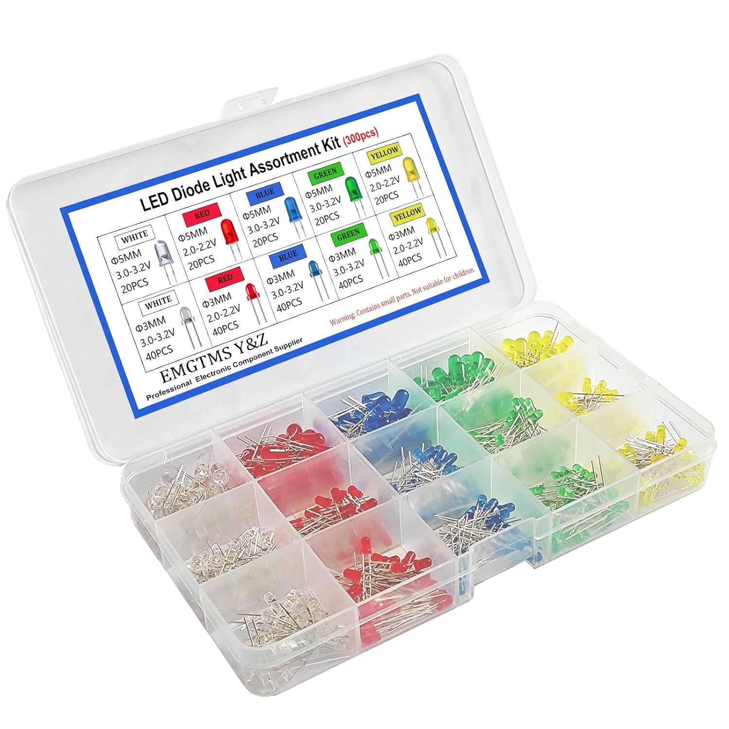 300 Pcs 3mm & 5mm LED Diode Assortment Kit – 5 Colors White/Red/Blue/Green/Ye…