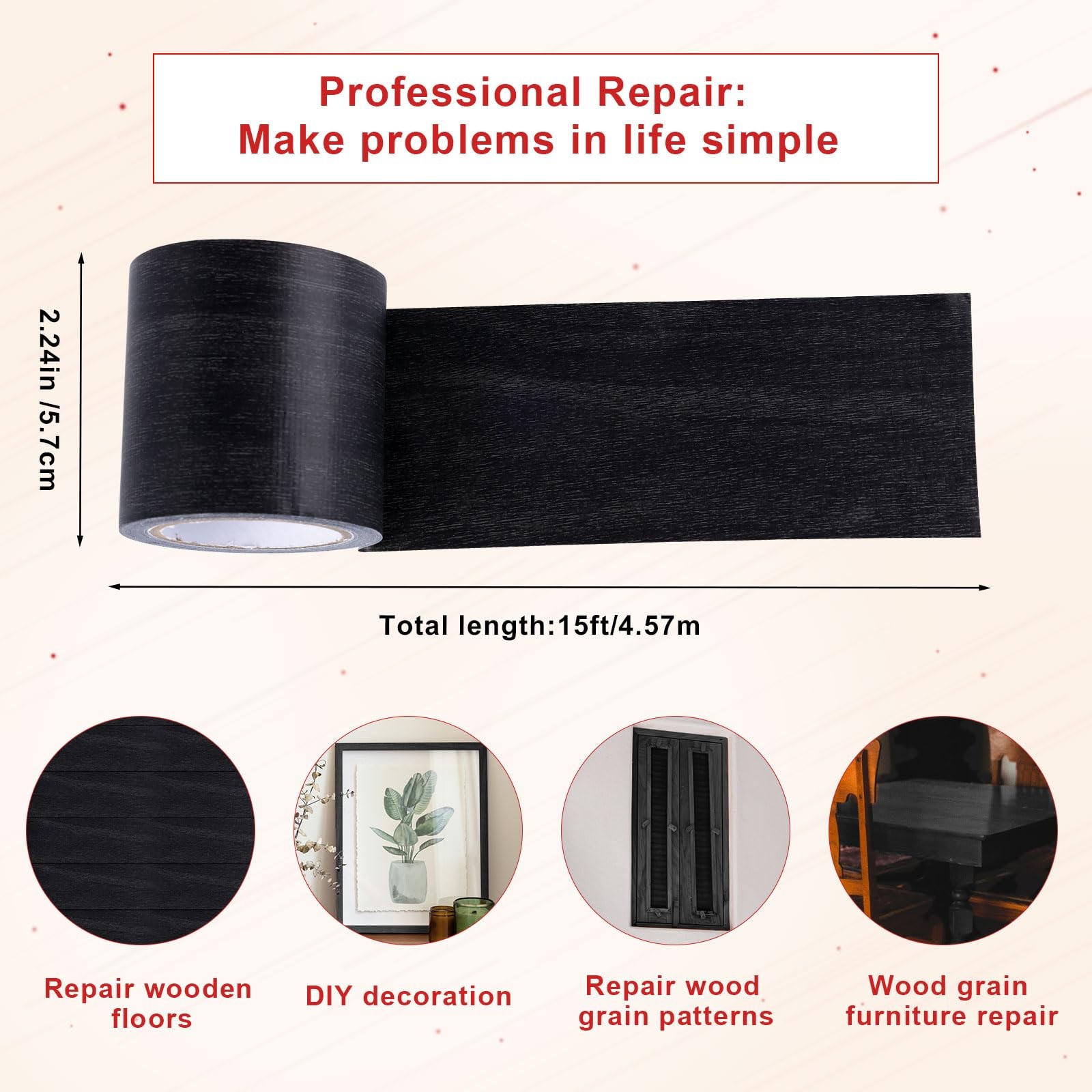 PEUTIER Wood Grain Repair Tape, 2.2in x 15ft, Black, Adhesive