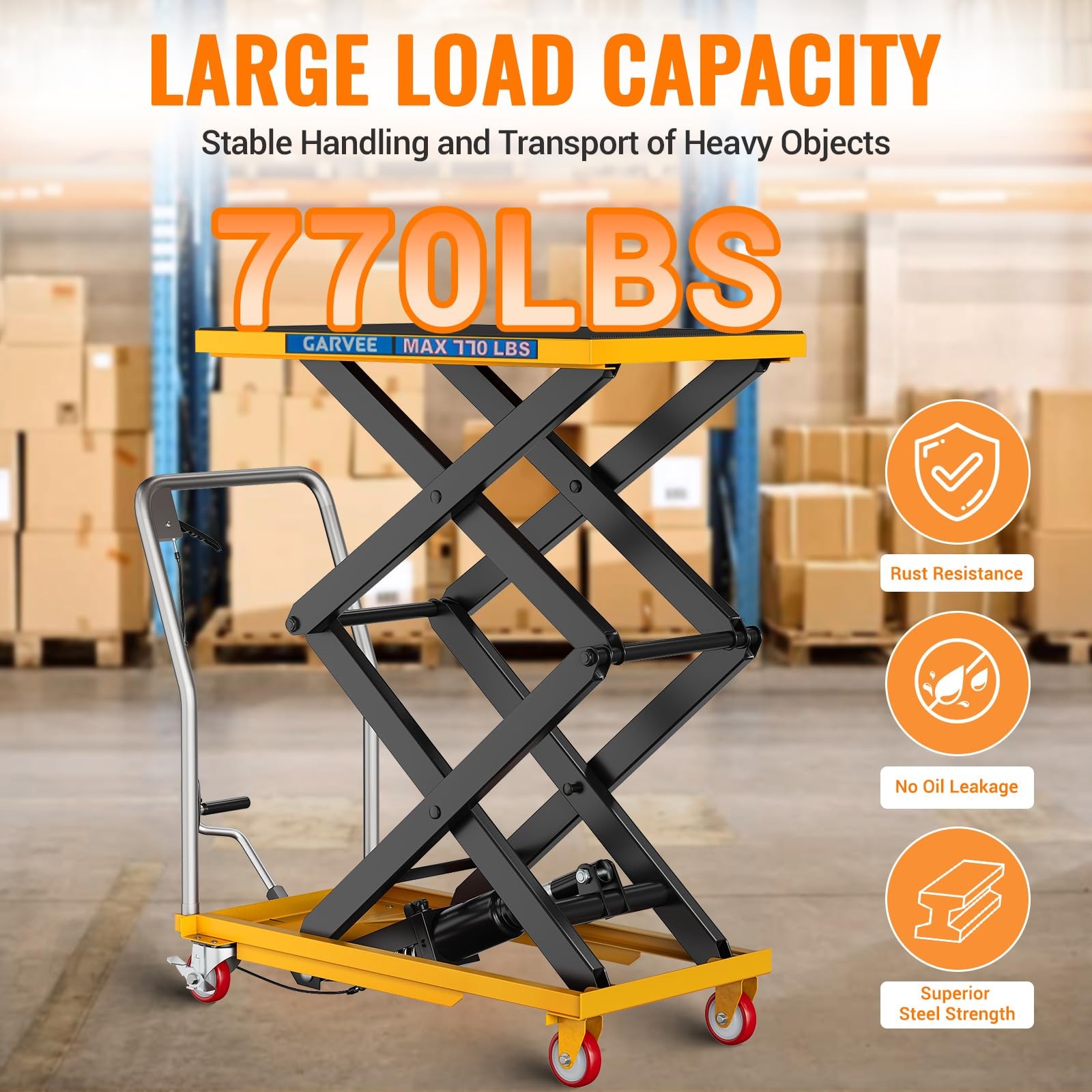 Garvee Hydraulic Lift Table Cart, 770lbs 50″ Lifting Manual Double Scissor Lift