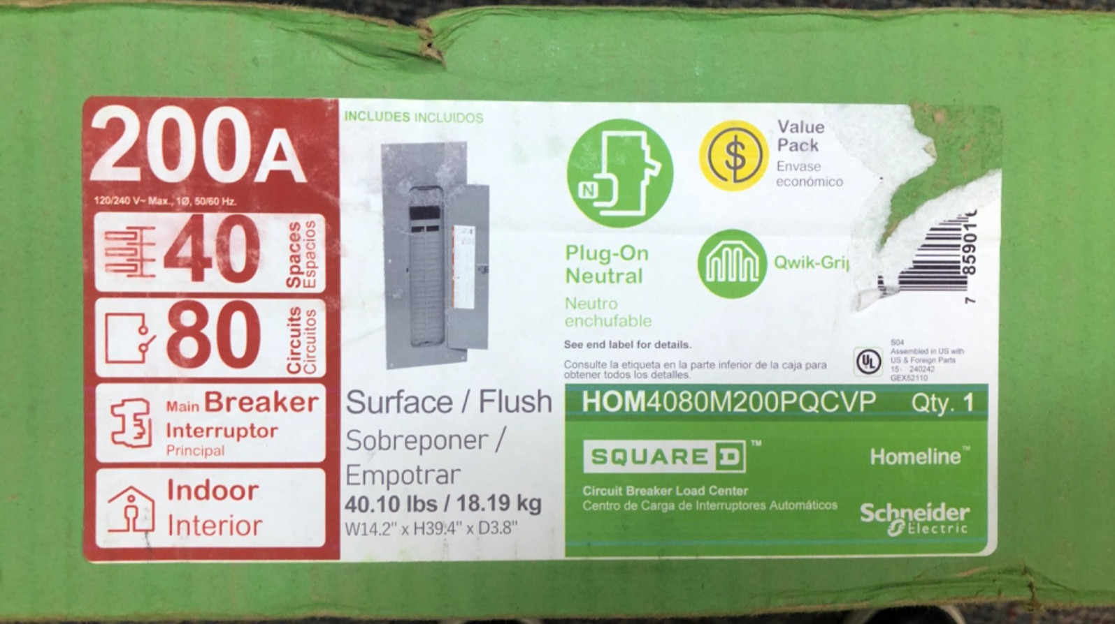 Square D HOM4080M200PC 200A 40 Space 80 Circuit Indoor Load Center No Cover