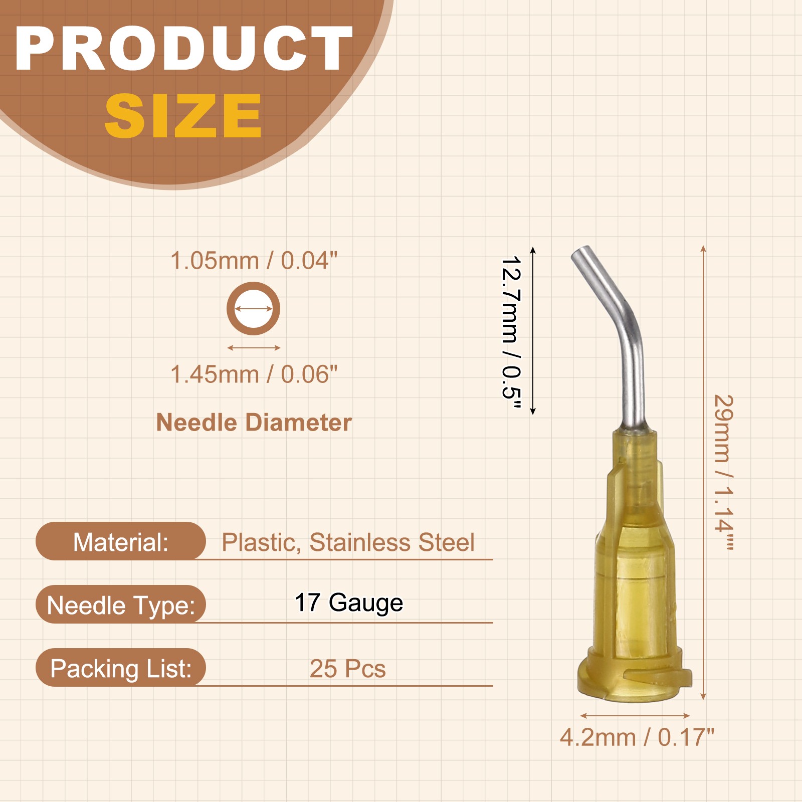 25Pcs 0.5Inch 17Ga 45° Angled Dispensing Needles, Dark Yellow