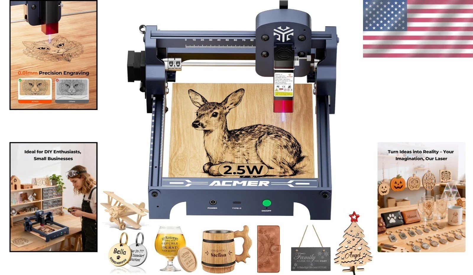 High Accuracy 2500mW Laser Engraver Cutter 0.04mm Spot Metal Black 130x130mm