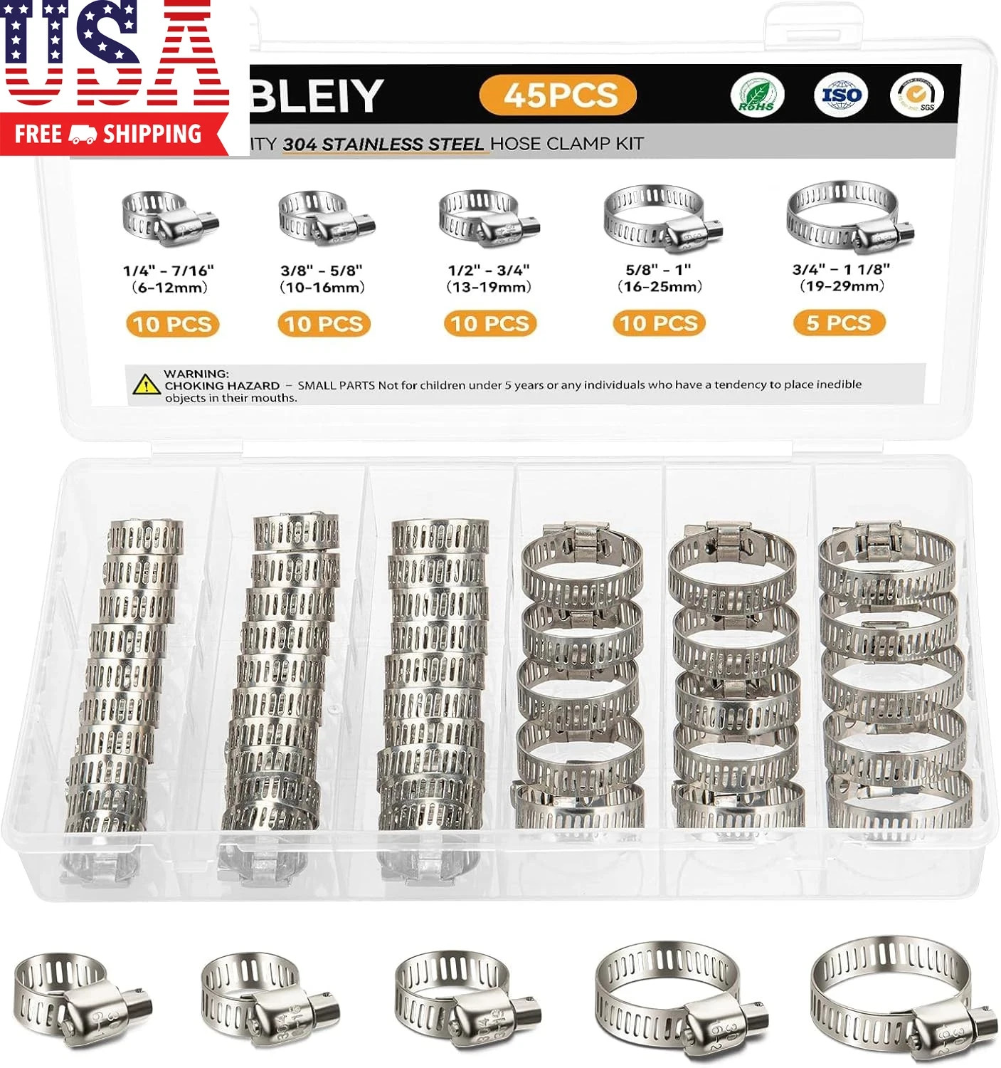 45 Pcs Stainless Steel Hose Clamp Assortment Kit Worm Gear Adjustable Hose Clamp