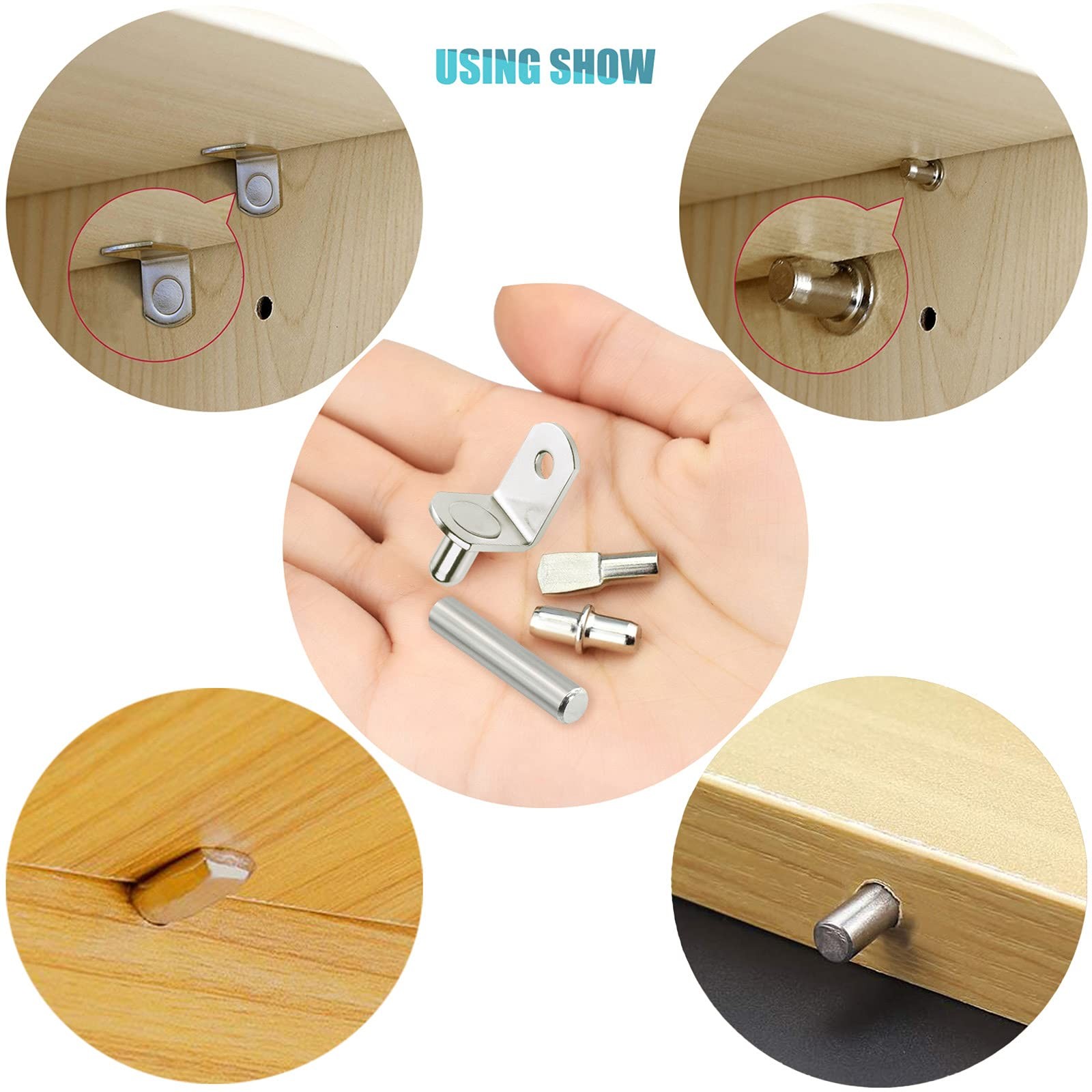 104Pcs Shelf Pins Kit,4 5mm to 6.35mm (1/4 inch) x 7.5mm 25mm, silver
