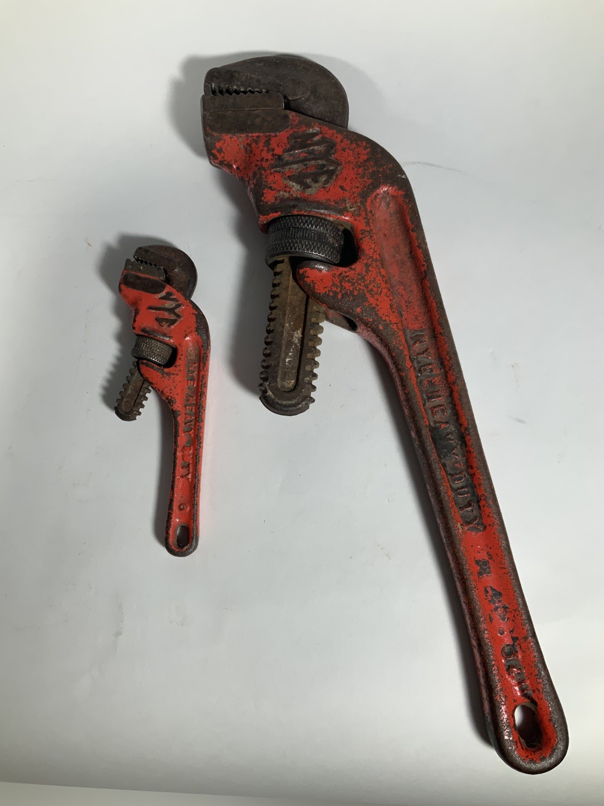 Two NYE Tool Heavy Duty Offset Pipe Wrenches, 14 and 6, vintage Steel Chicago