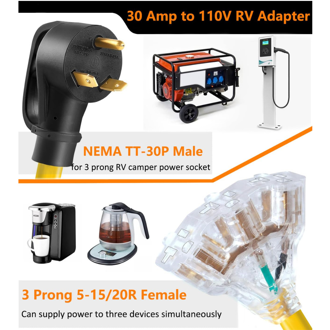 30 Amp to 20 Amp RV Adapter Cord 1FT NEMA TT-30P to 3x 5-20R Lighted Splitter 11