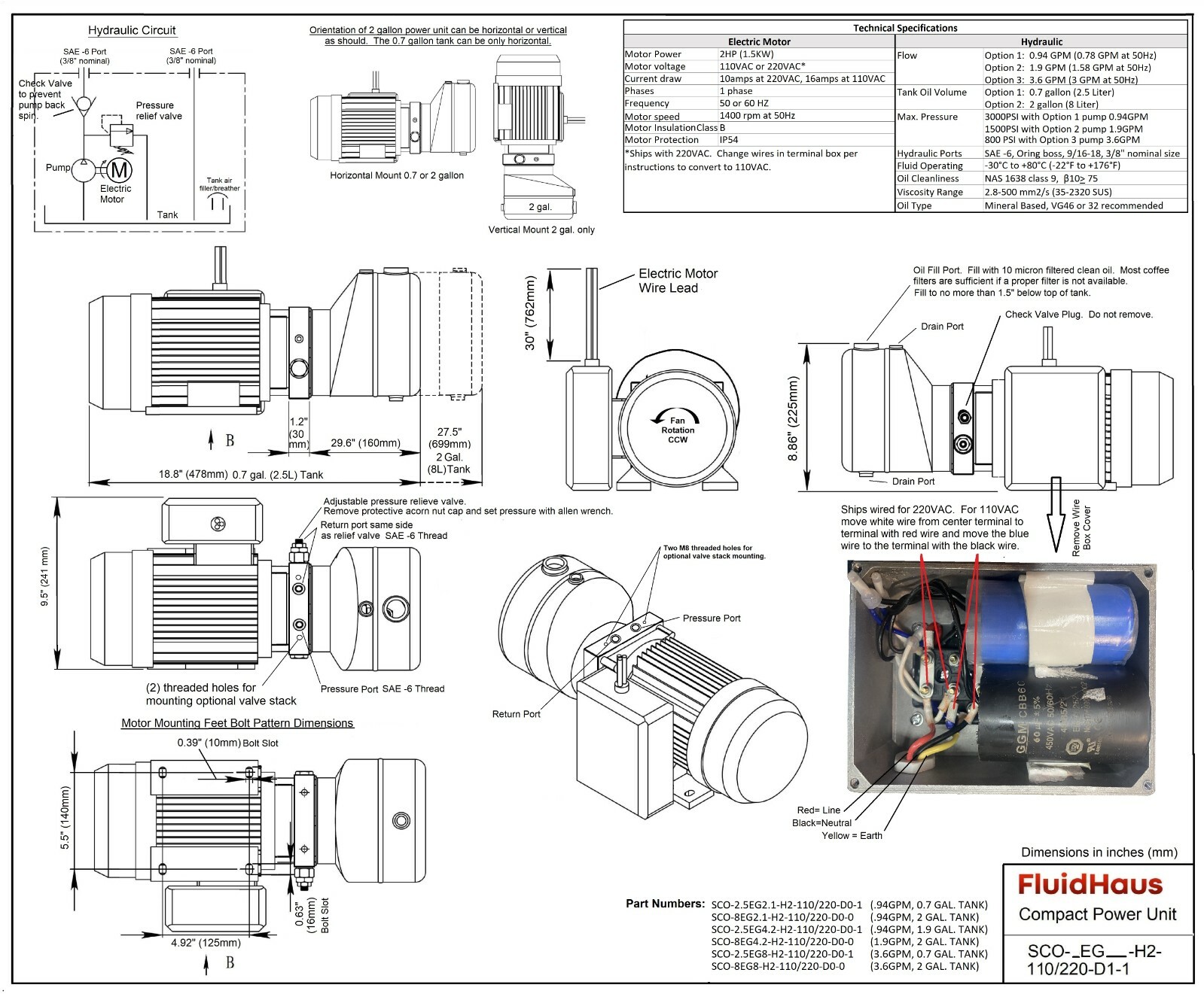 Hydraulic Power Unit 2hp: 1, 1.8 or 3.7 gpm 3000 psi, valve mount options