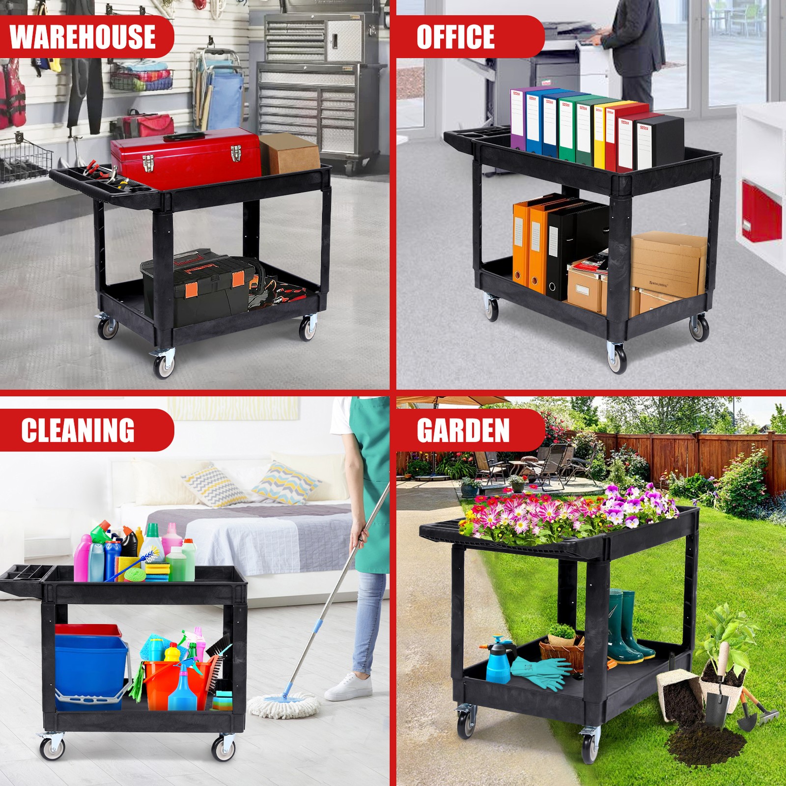 Rolling Utility Cart 2 Shelf 550 lb Capacity Service Cart with Locking Casters