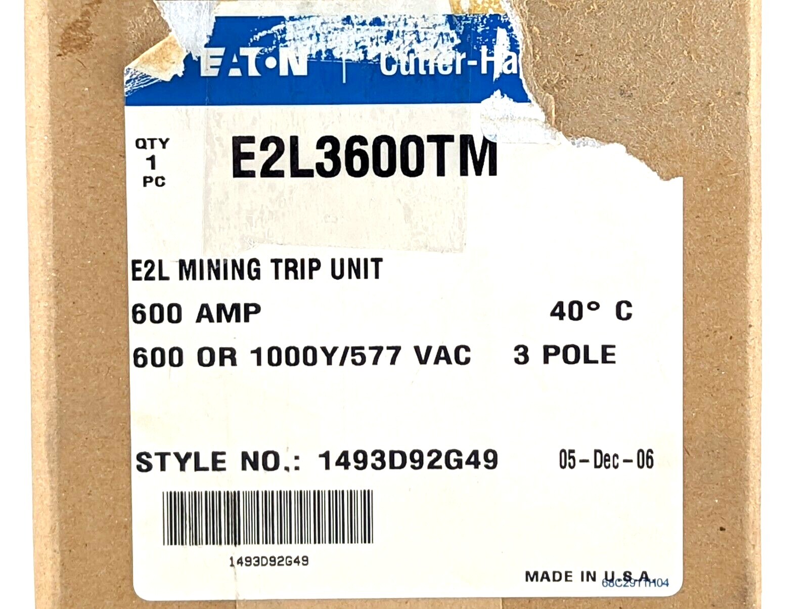 NEW Eaton E2L3600TM E2L Mining Trip Unit, 3P, 600A Trip Unit W/ Trip Range