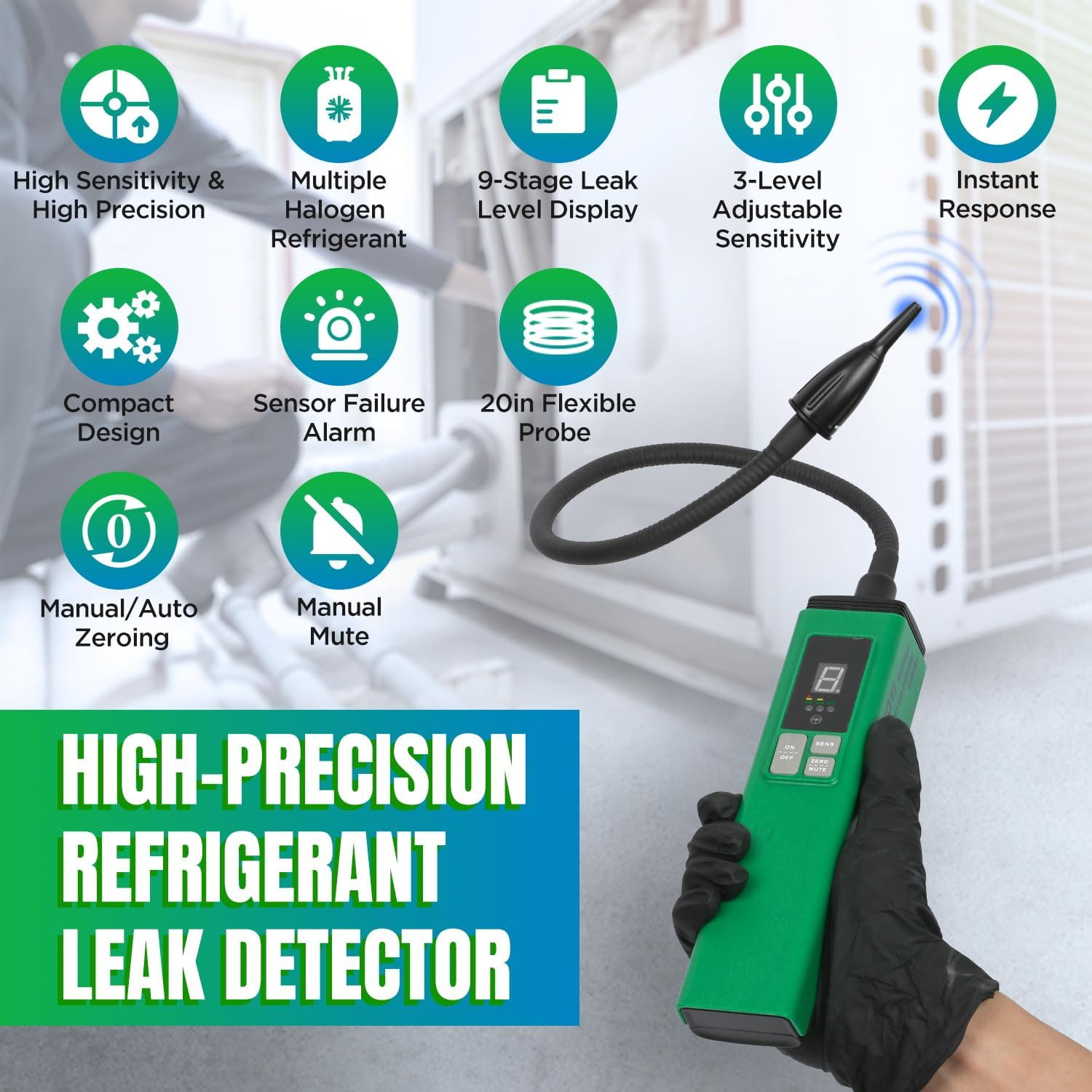HVAC Refrigerant Leak Detector, Heated Diode Sensor & 0.05 Oz/Yr – Max Sensitivi