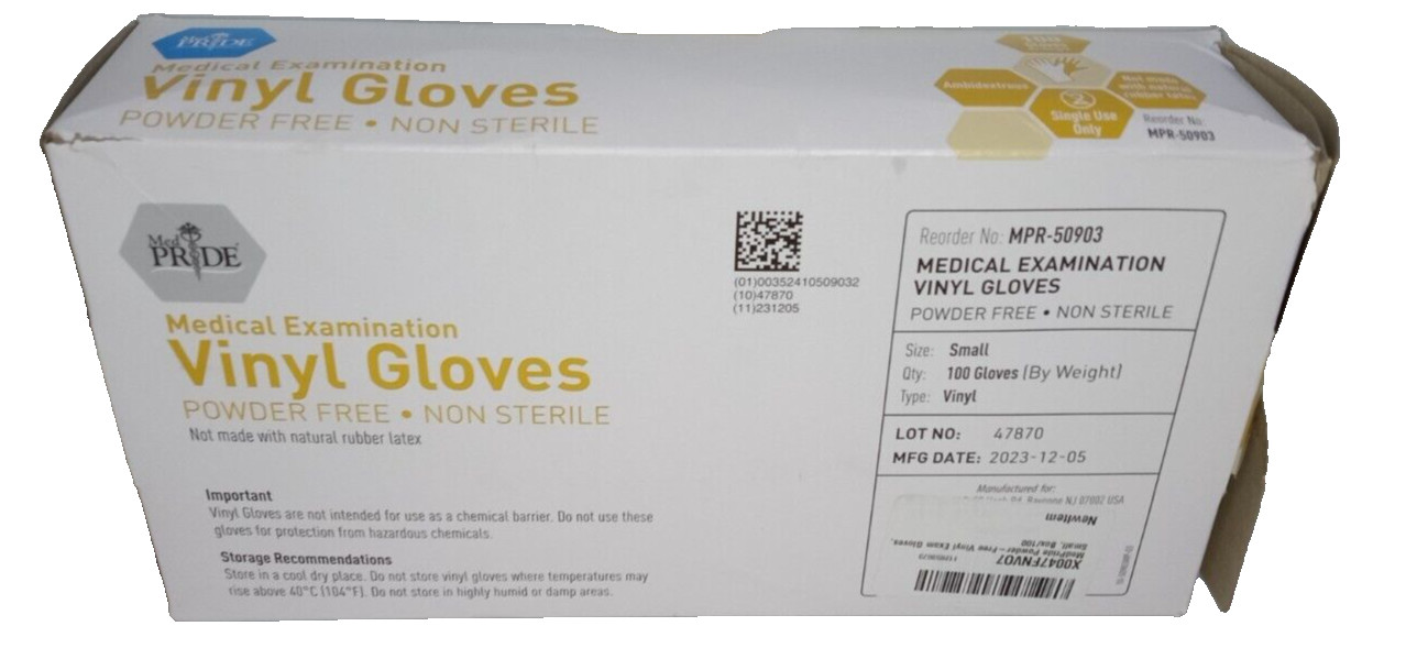 MedPride Medical Examination Vinyl Gloves-Powder Free Small-100 Gloves MPR-50903