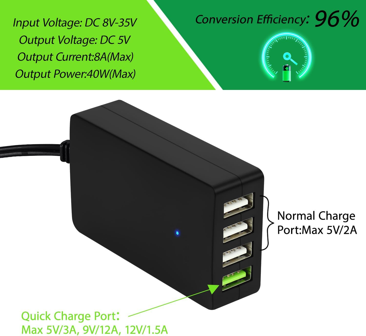 DC Converter with Battery Clip 12V 24V to 5V Step Down 4-Port USB Power Adapter