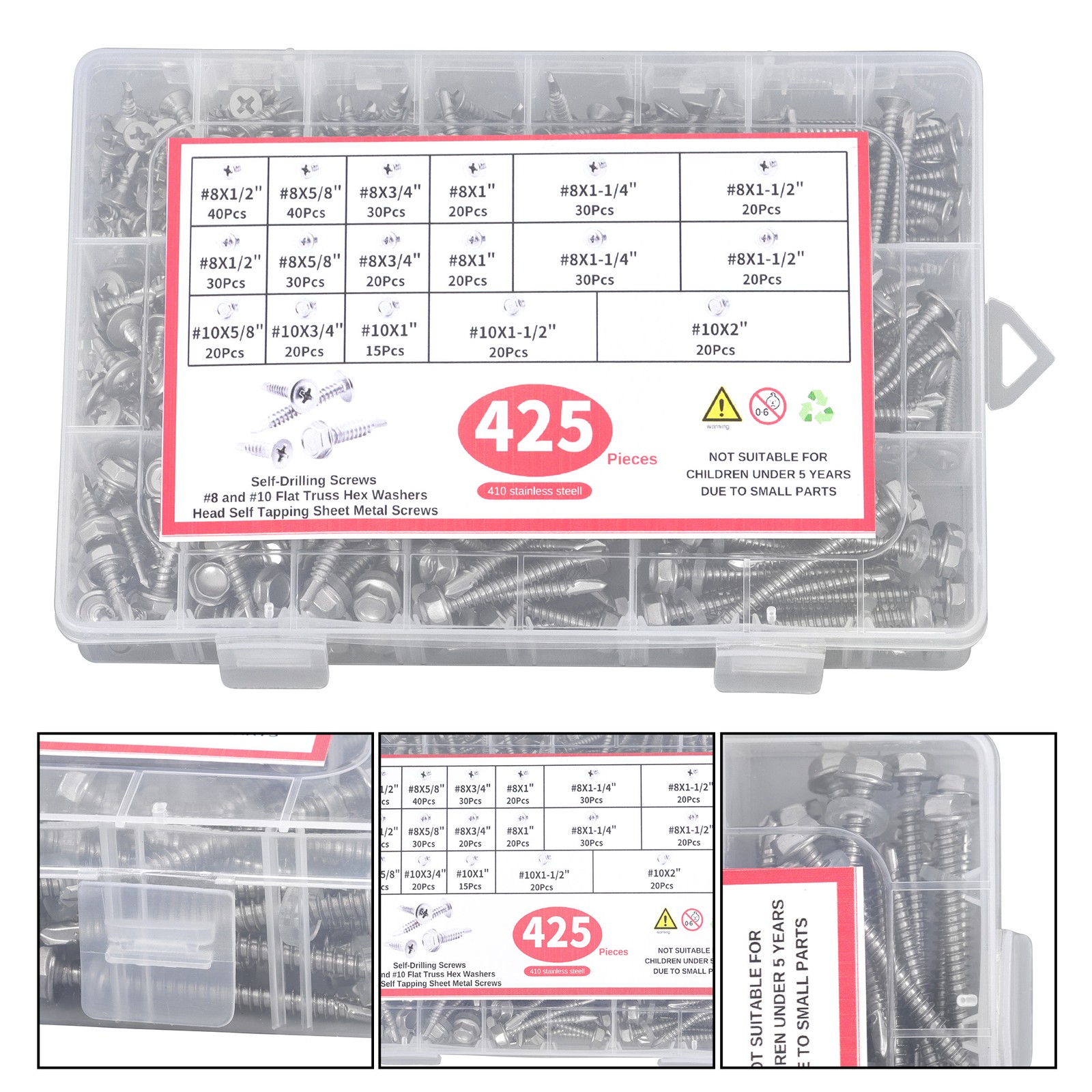 425PC 410 Stainless Steel Self-Tapping Screws #8#10 Self-Drilling Assortment Kit