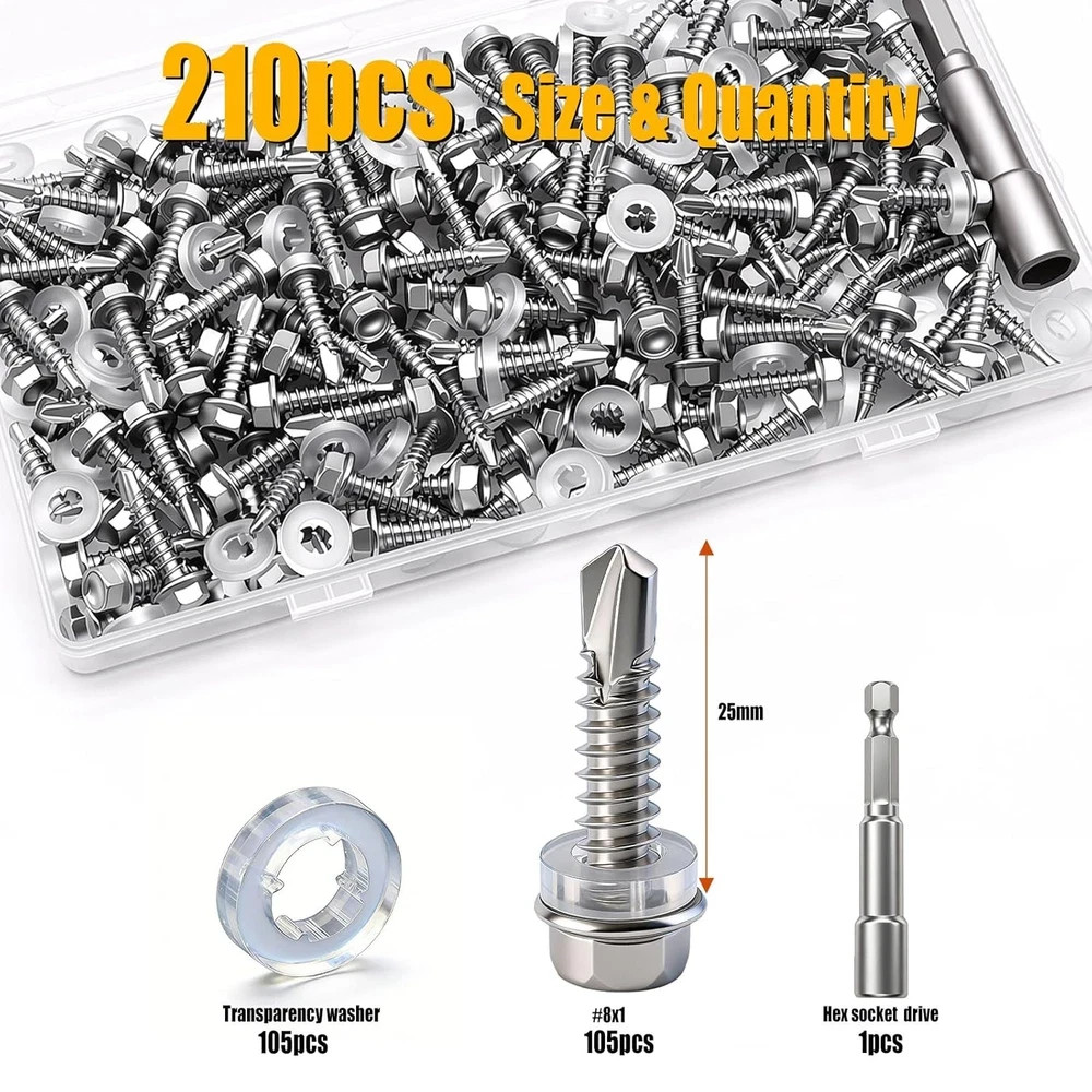 210Pcs ＃8×1″ Self Tapping Screws for Metal,410 Stainless Steel,Metal Screws Self