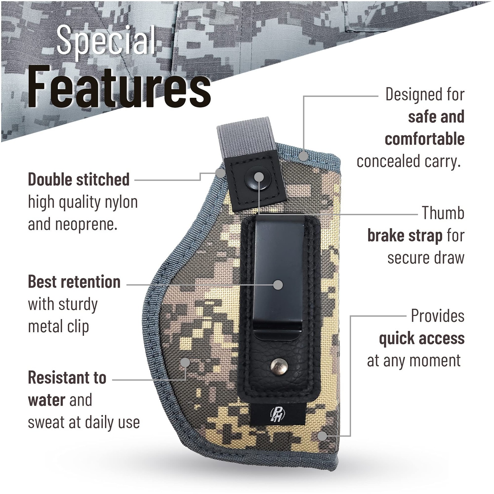 PH Tactical IWB Gun Holster Concealed Carry Camo Nylon Compact 9mm 380 Clip