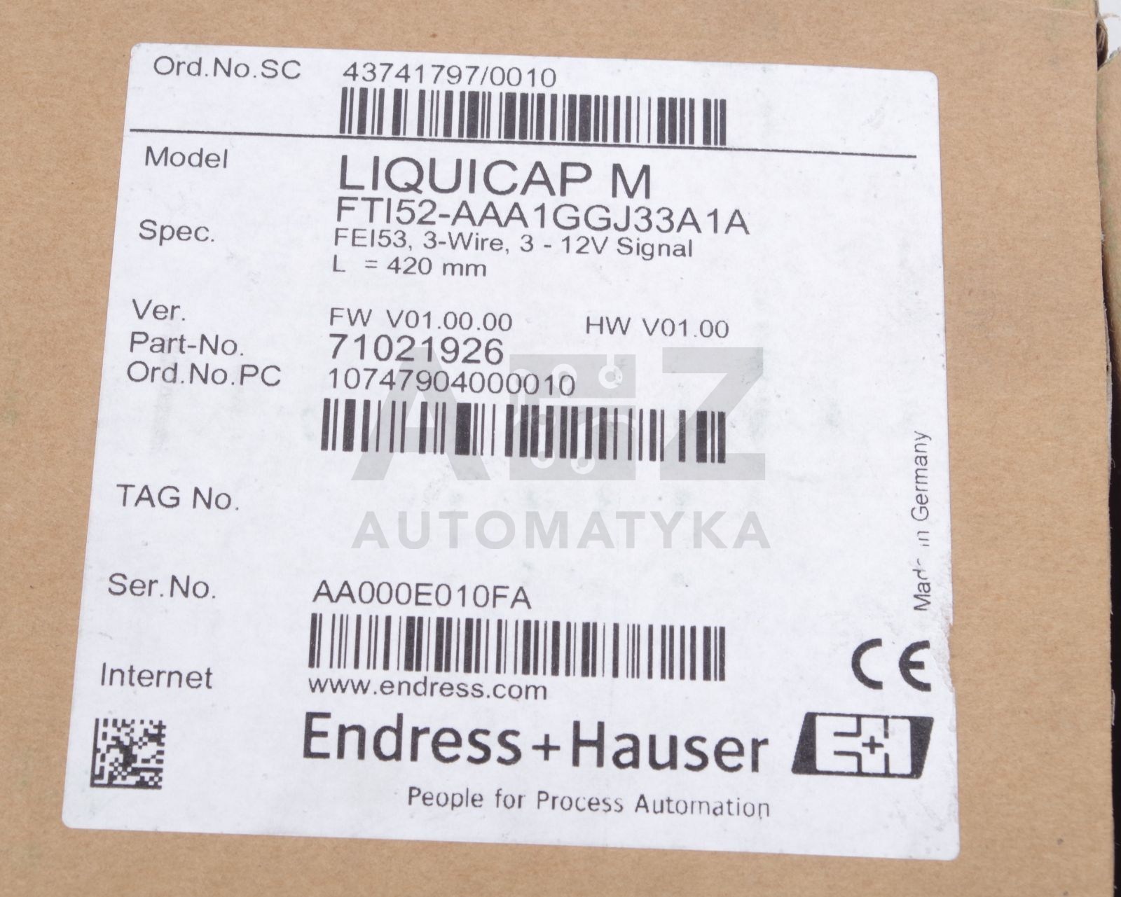 ENDRESS+HAUSER ENDRESS HAUSER LIQUICAP M LIQUICAPM FTI52-AAA1GGJ33A1A FTI52AAA1G
