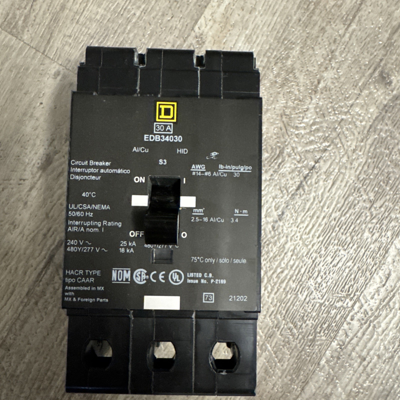 Used excellent Square D EDB34030 30A 3P 480/277V 480/277V EDB34030