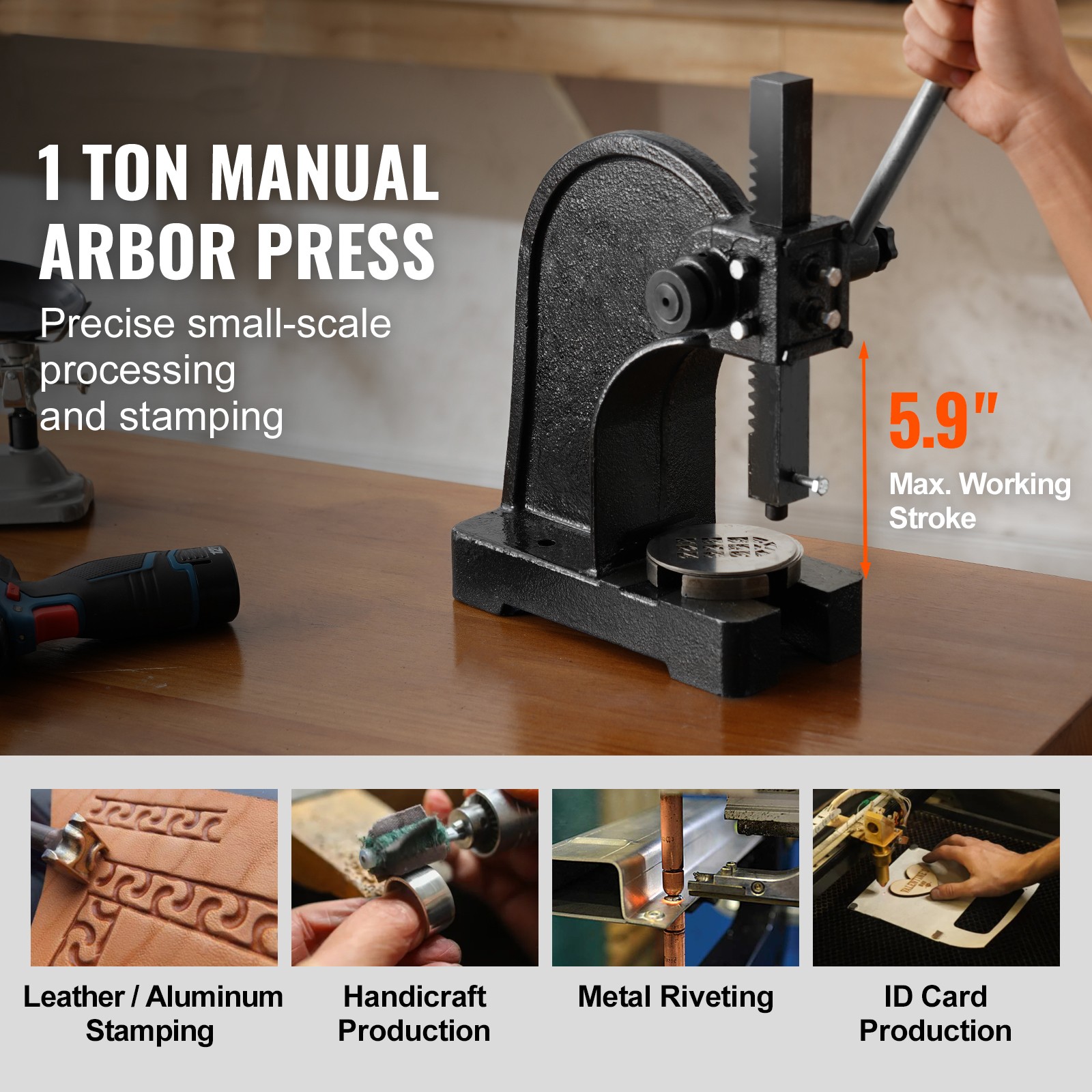 Uimoso Arbor Press 1 Ton Manual Desktop Press Lever Mountable Bearings Cast Iron