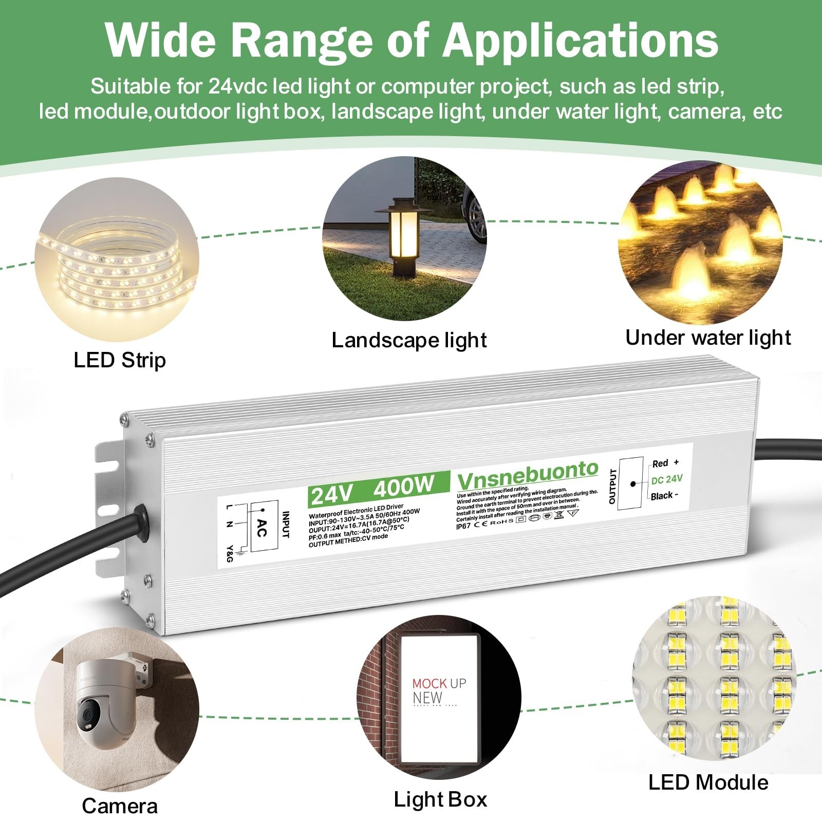 24V Power Supply 400W, 90-130V AC to 24V DC 16.7A Converter, IP67 Waterproof …