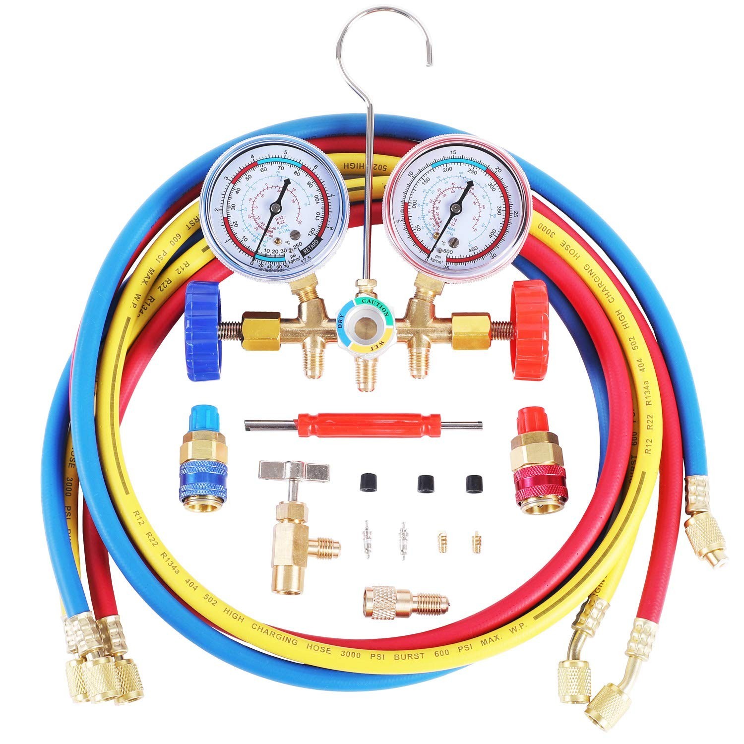 R410A 3-Way AC Manifold Gauge Set for R410A R22 R134A R404A w/ Hoses