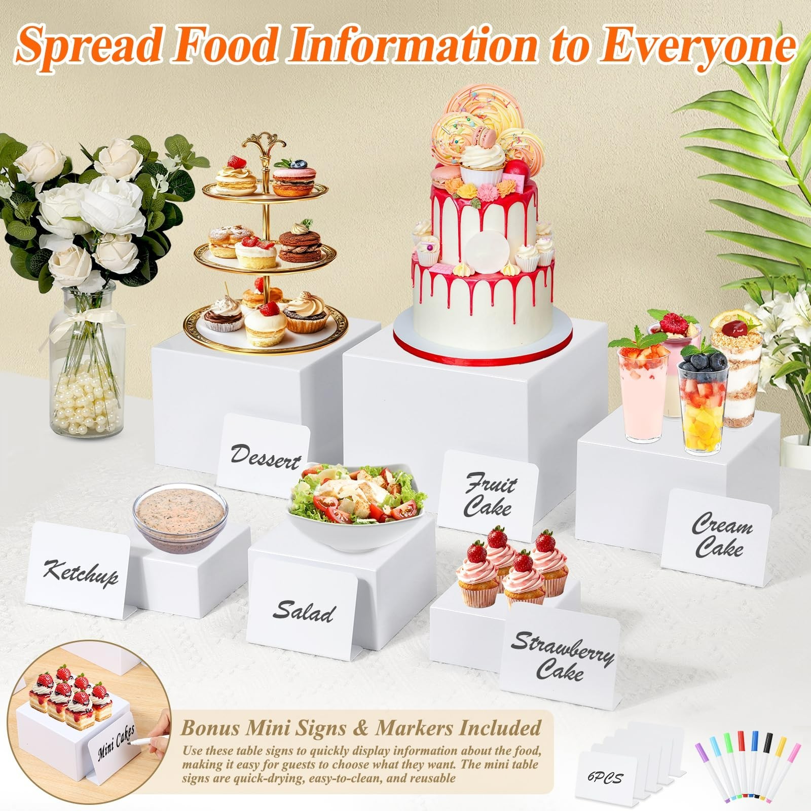 6 Pcs White Acrylic Buffet Risers with Mini Sign and Maker, Food Display Stands