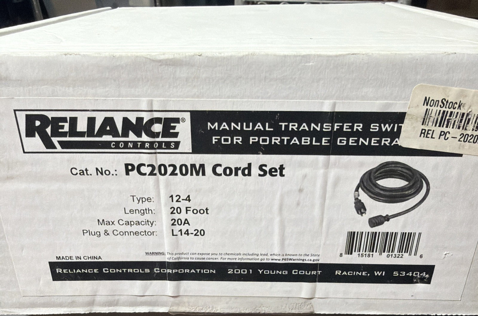 RELIANCE CONTROLS PC2020M CORD SET 12-4/20 FT. 20A-L14-20 MANUAL TRANSFER SWITCH