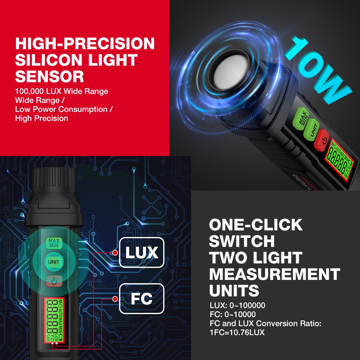 HABOTEST HT63 Digital Light Meter Illuminance 100000 LUX High-precision