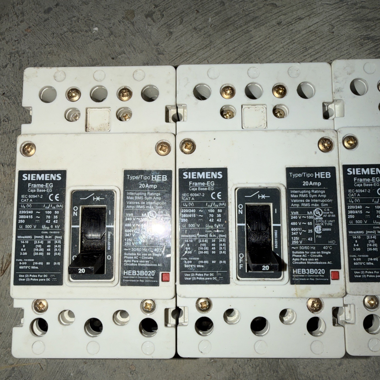 SIEMENS HEB3B020 3 POLE 20 AMP 480 VOLT FRAME EG CIRCUIT BREAKER