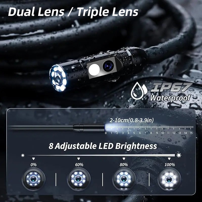 IP67 Rated Dual Lens Snake Inspection Camera 10M Cord Built-in LCD Screen