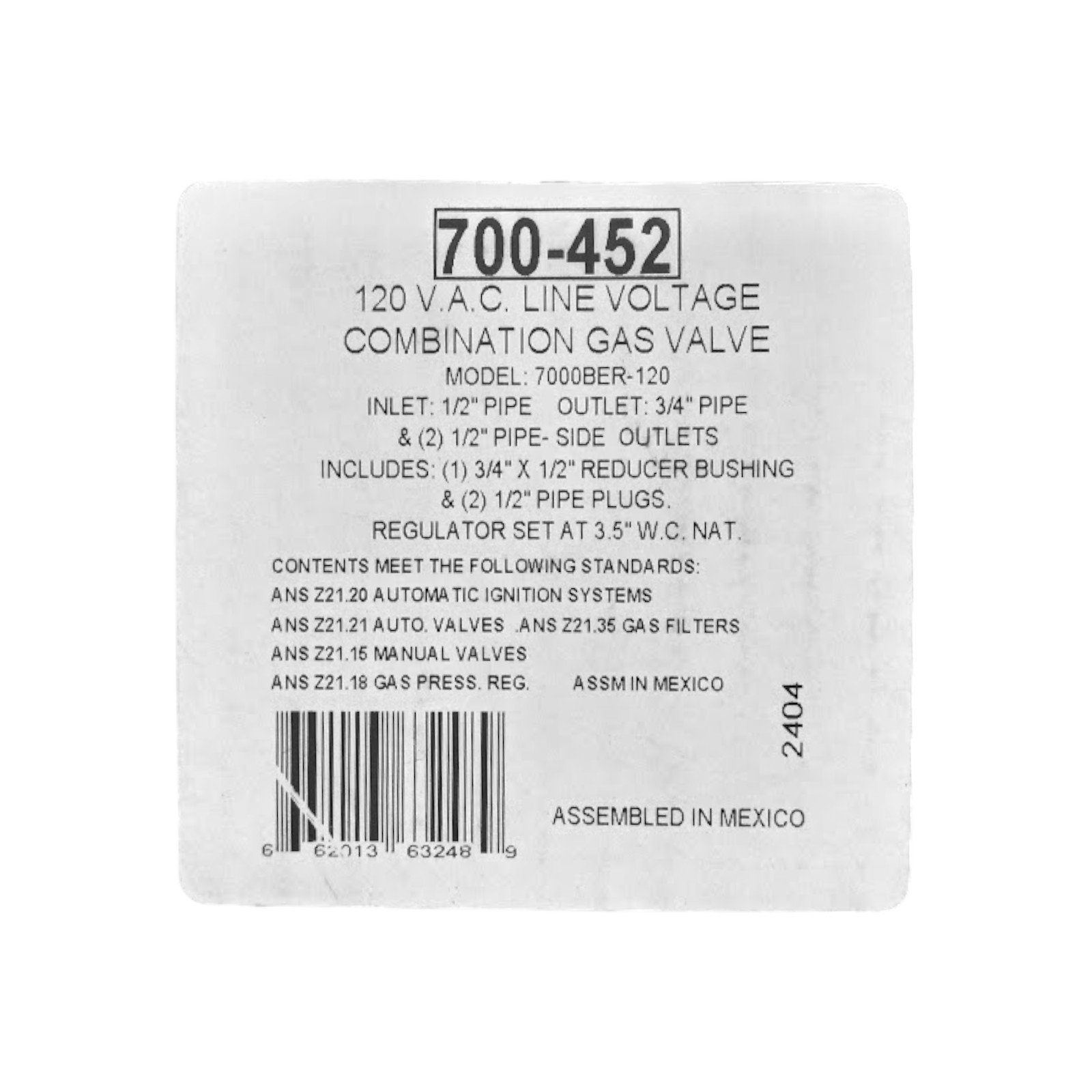 Robertshaw Gas Valve 700-452 7000BER-120 for Vulcan 840126-00011 54-1013
