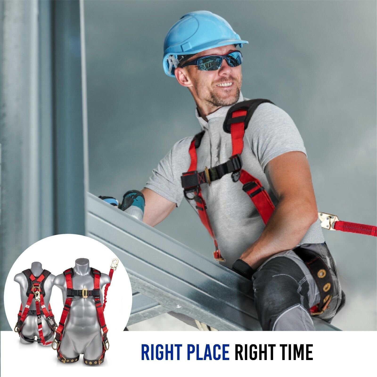 Full Body Harness w/detachable 6′ Internal Shock Absorbing Lanyard w/ Steel Hook
