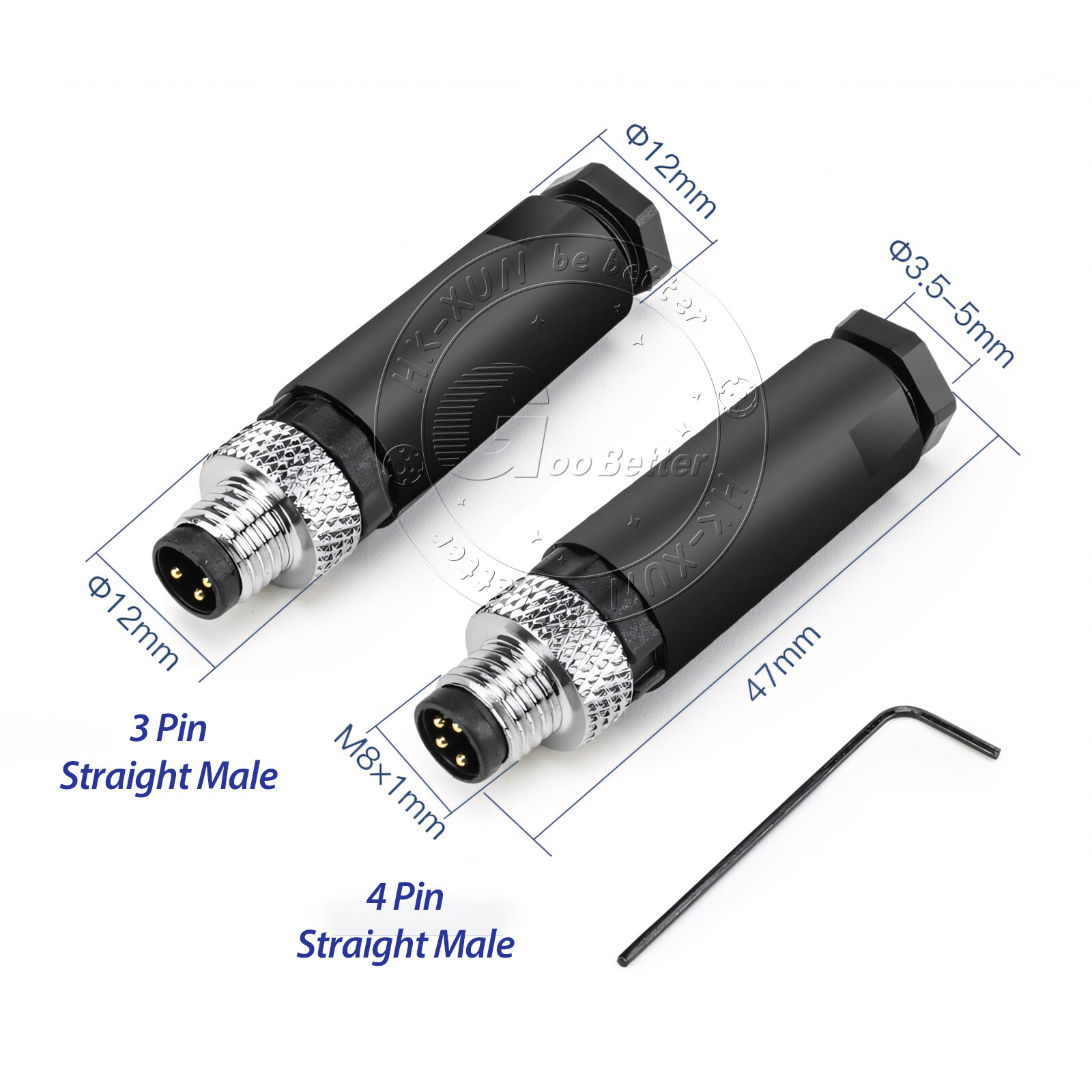 PG7 M8 Sensor Connector 3 Pin / 4 Pin Male / Female Straight / Elbow Plug IP67