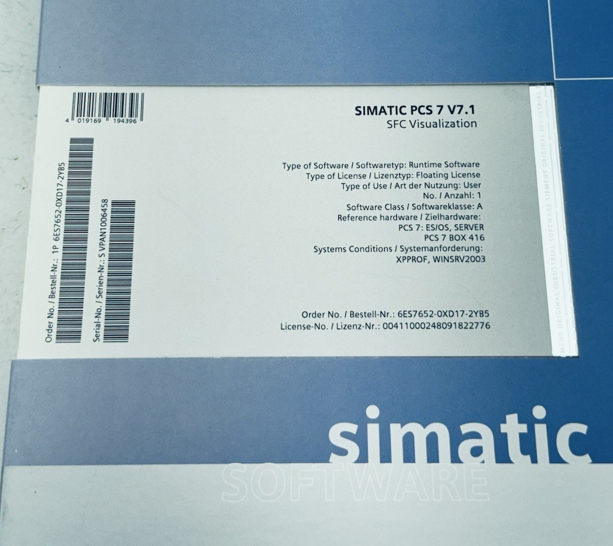 NOB! Siemens 6ES7652-0XD17-2YB5 SIMATIC PCS 7 V7.1 SFC Visualization *WARRANTY*