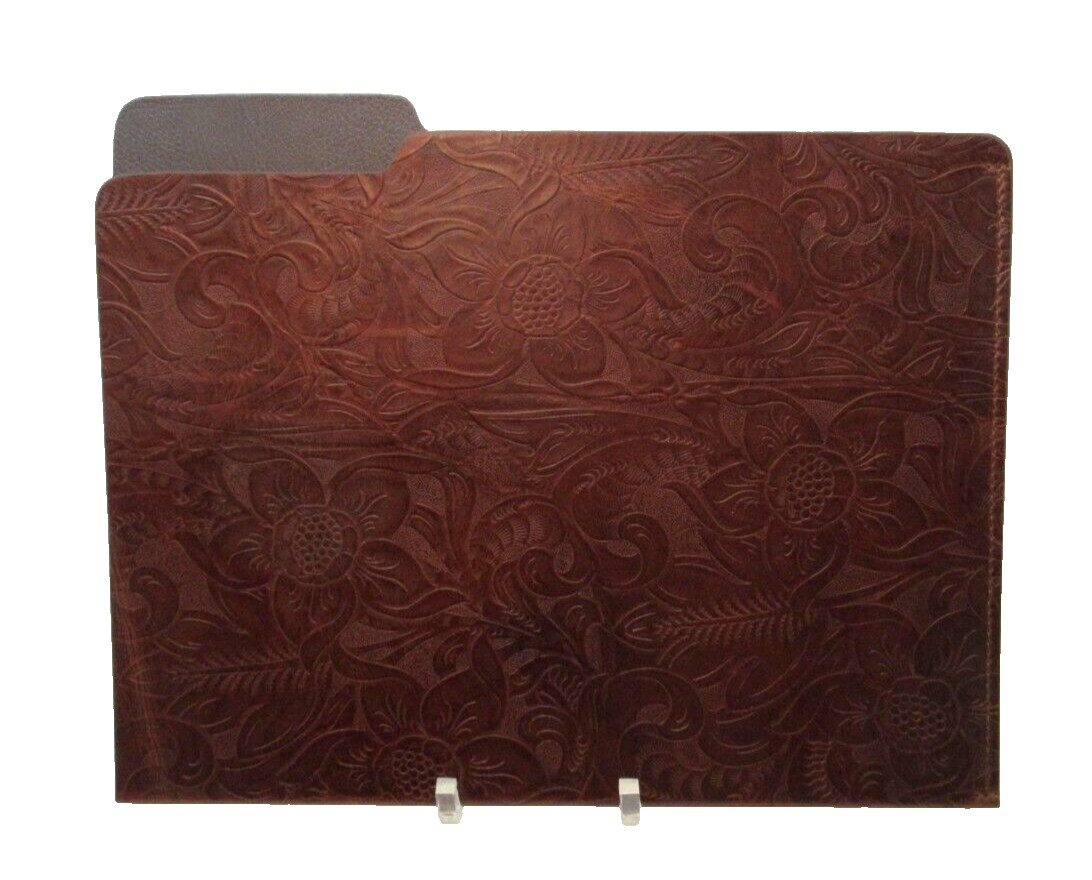 File Folder Leather Floral Embossed Print Graphic Image Made in America Brown