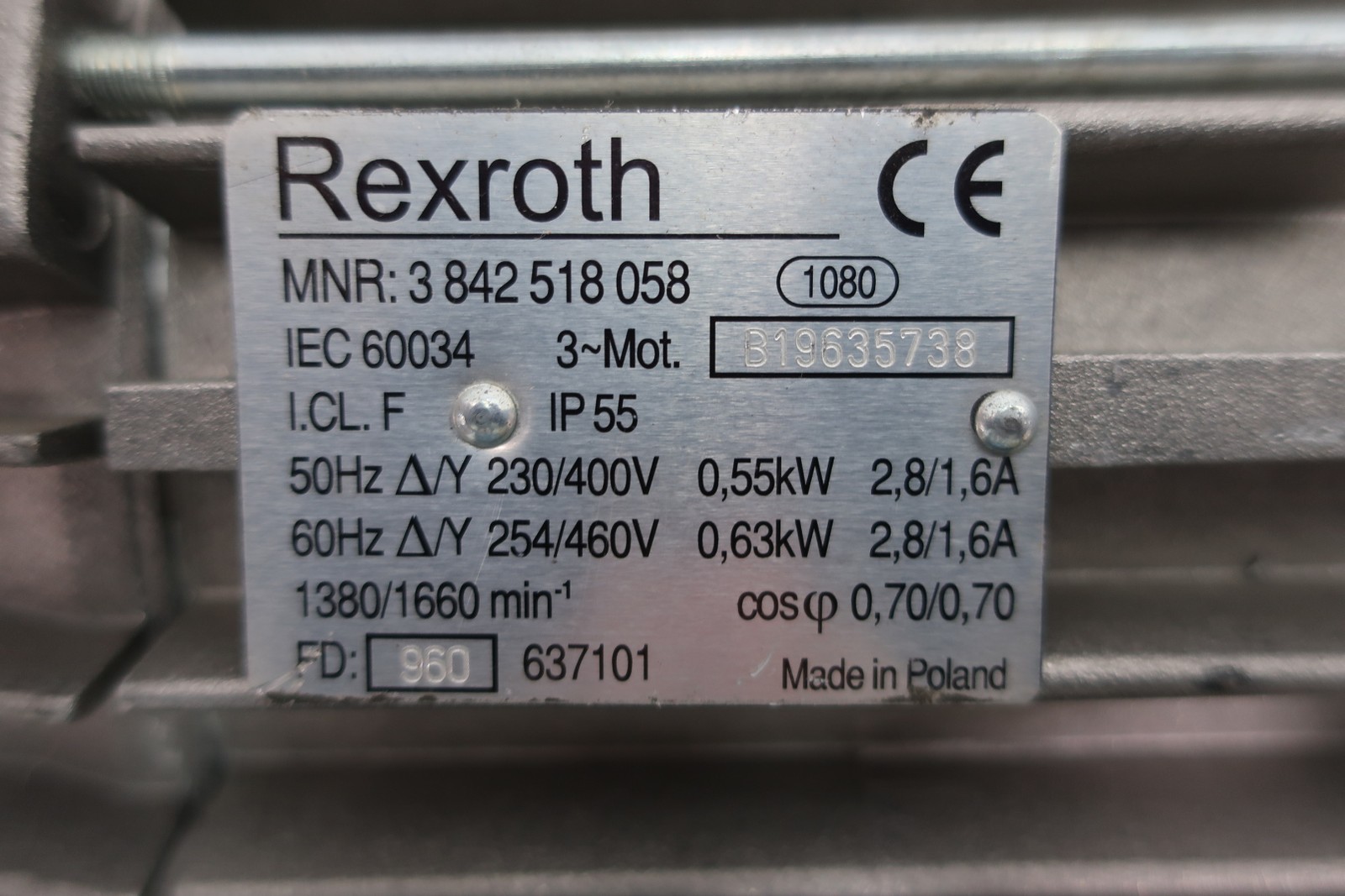 Rexroth 3842518058 Ac Motor 0.63kw 1660rpm 460v-ac 3ph