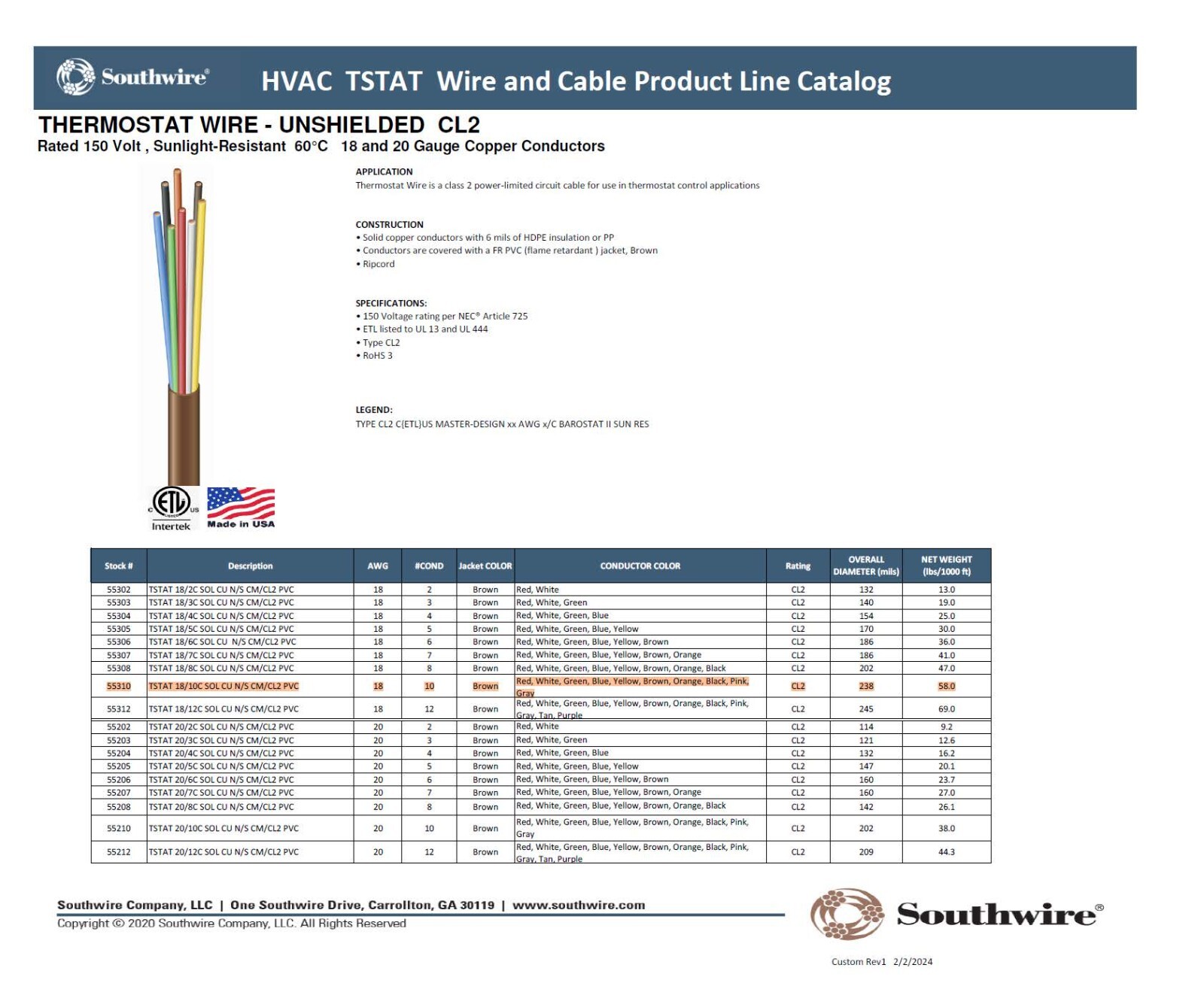 Southwire 18/10C 18awg 10 Conductor Thermostat Wire Cable CMH CL2 UV Brown /25ft