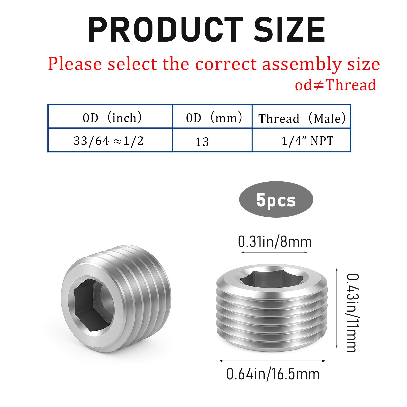 5 PCS 3/8″ NPT Male Pipe Plug Stainless Steel Pipe Plug Fitting Set Hex Count…