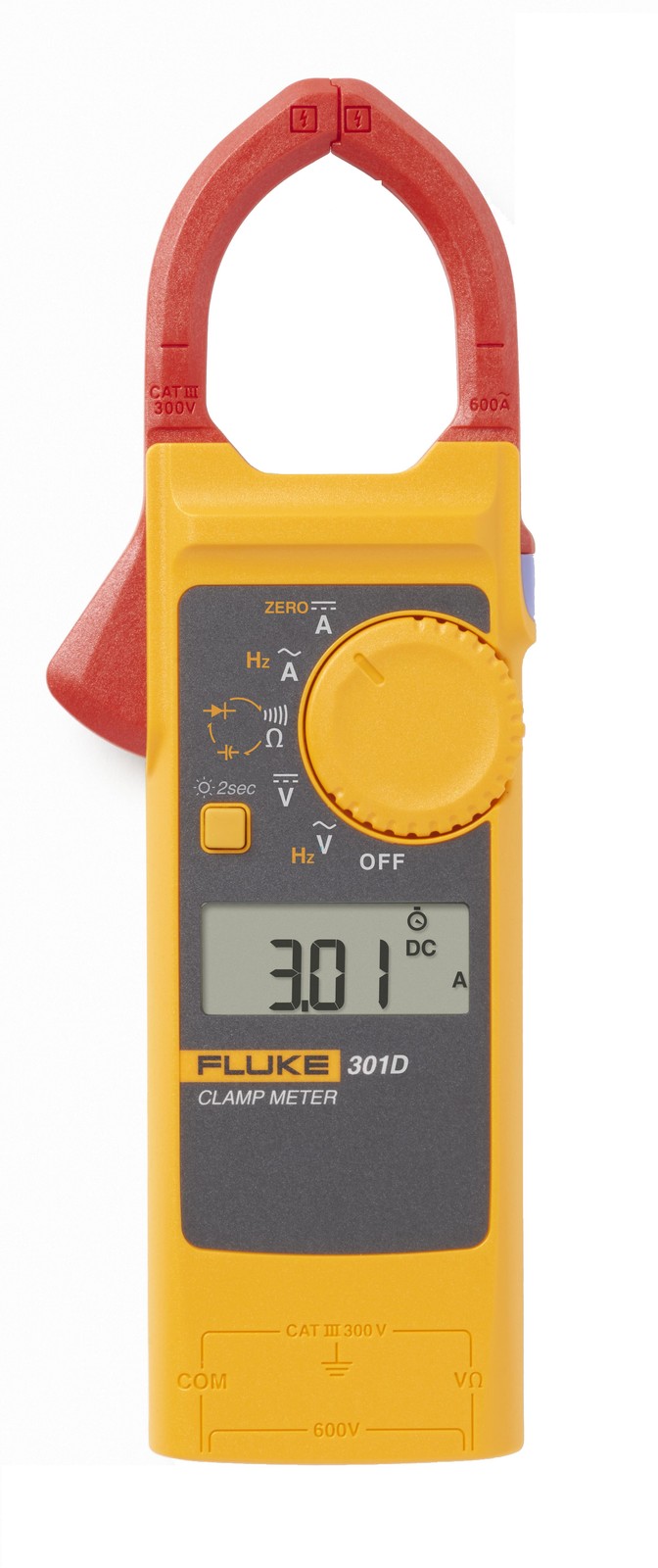 Fluke 301D/ESP Palm-Sized AC/DC Clamp Meter with slim body and thin jaw arm,