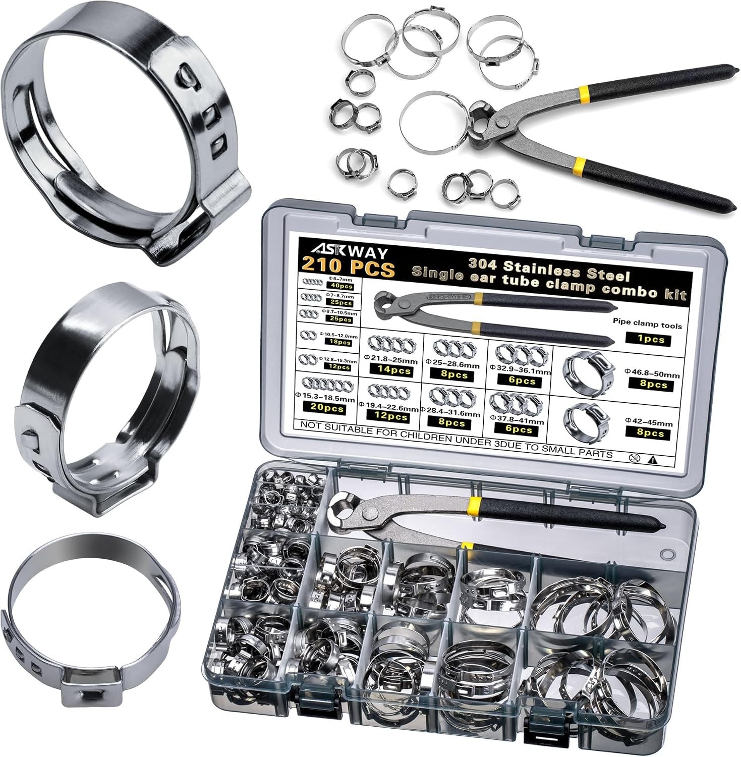 AskWay 210 Pc 304 Stainless Steel Hose Clamp Assortment 6 To 50 Mm