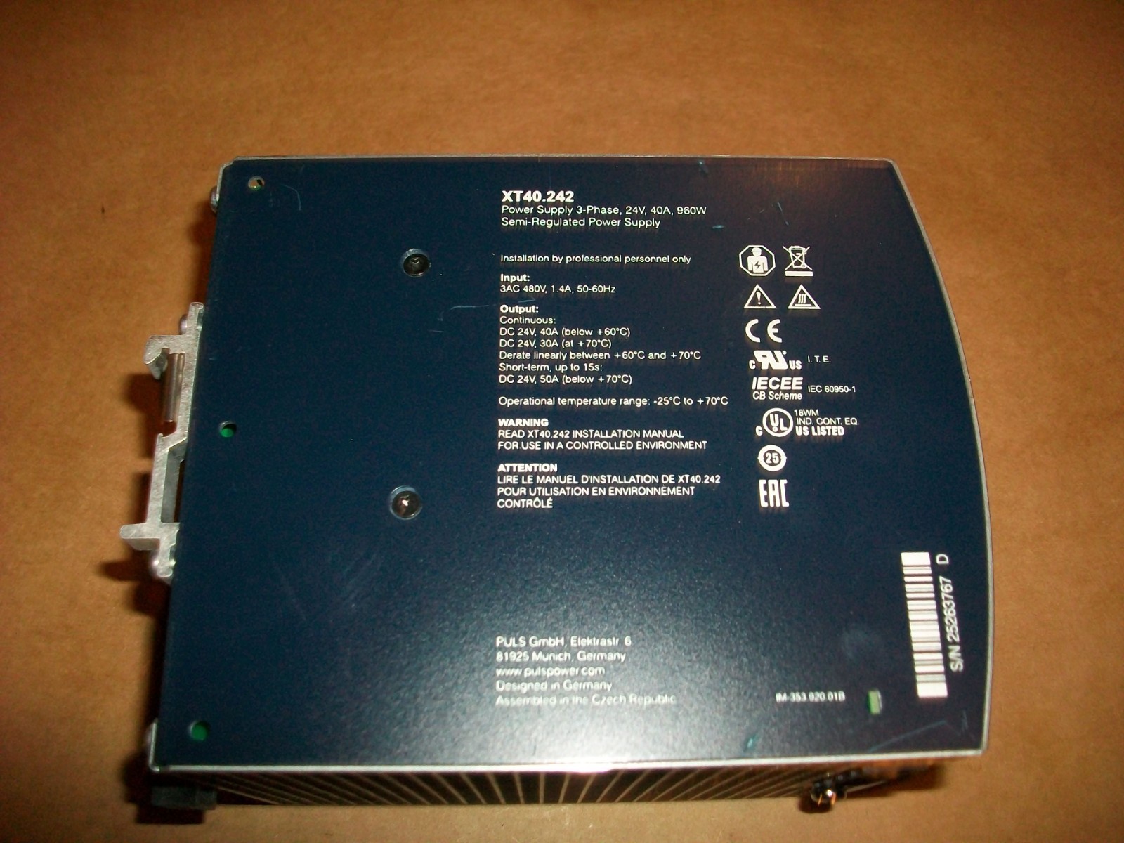 Puls XT40.242 Power Supply 3-Phase 24V 40A 960W USED
