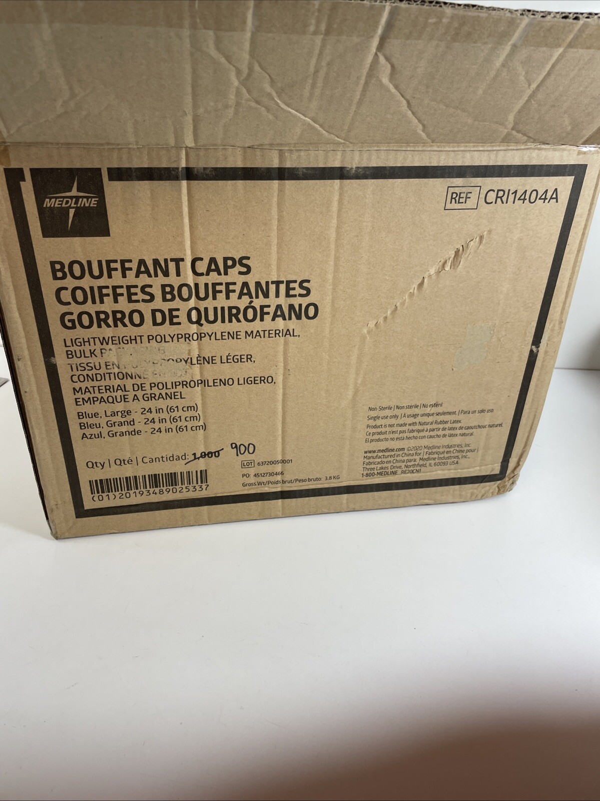 900 Case – Medline 24″ Blue Bouffant Cap Non Woven Disposable Hairnet, Large