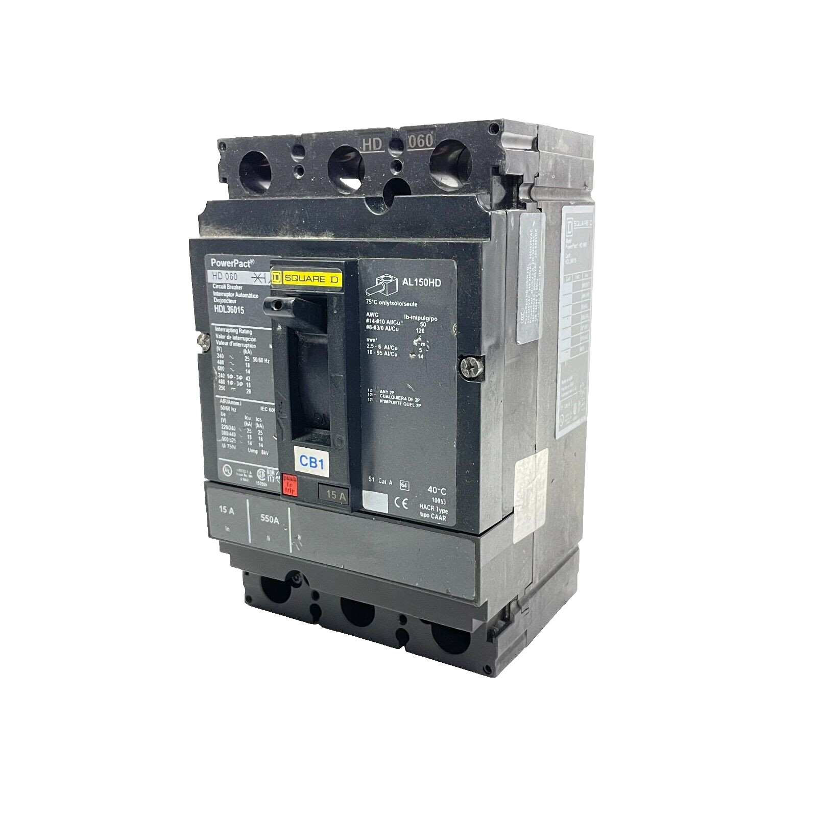 SQUARE D HDL36015 CIRCUIT BREAKER 3POLE 15AMP 600VAC